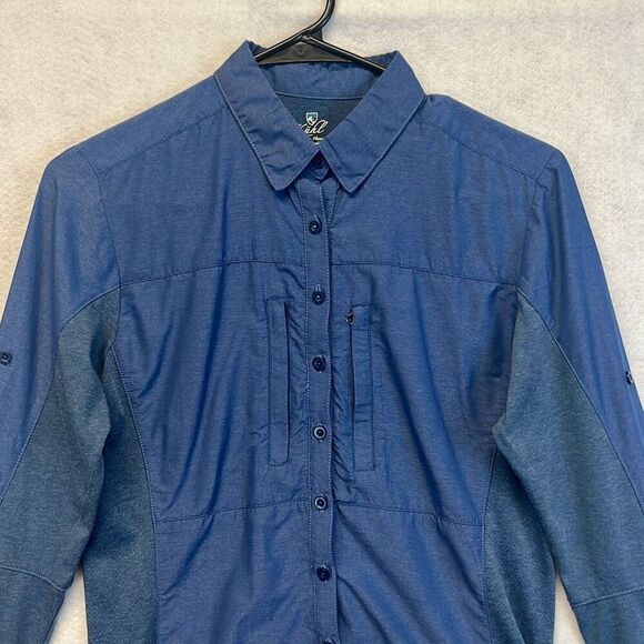 KUHL Shirt Women's Small Blue Roll Tab Long Sleeve Button Up Collared Hiking - Picture 2 of 14